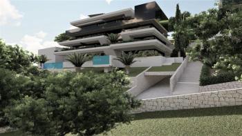 Larger apartment in an exclusive new building above the center of Opatija with private pool, garage, view of Kvarner 